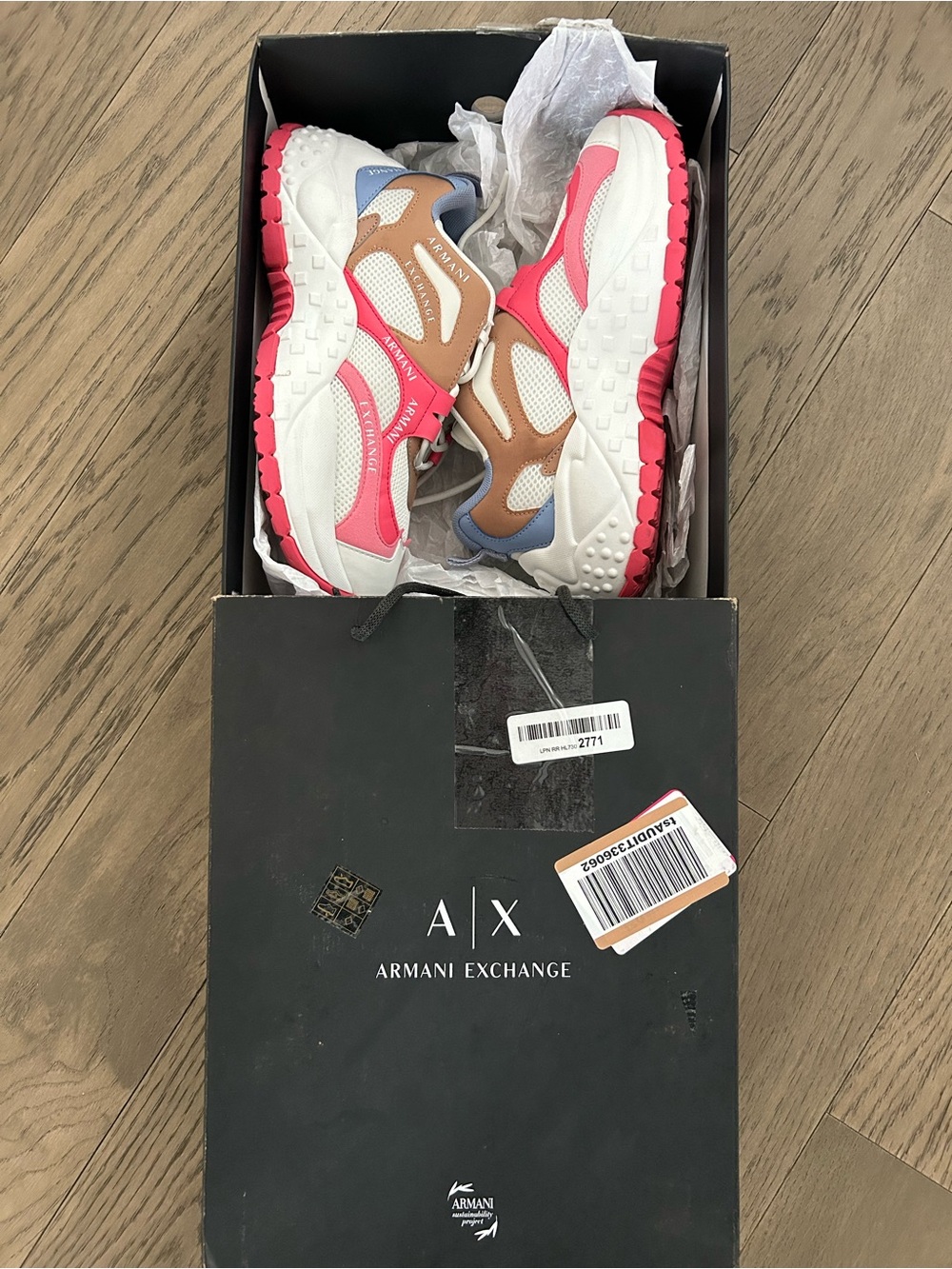 Armani Exchange White, Pink & Tan Multi-Panel Sneakers NIB